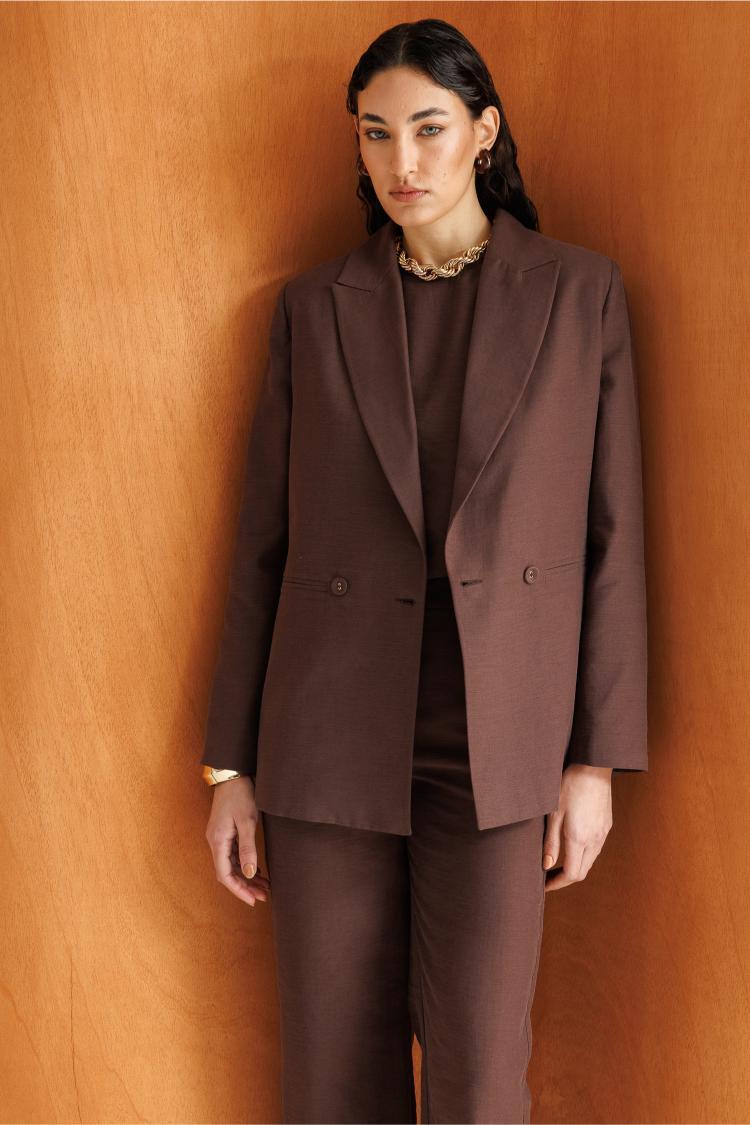 Mizalle Kahverengi Kruvaze Blazer Ceket