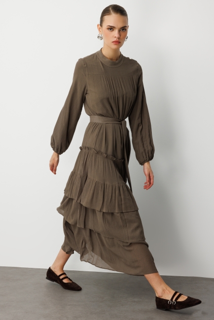 Mizalle Kat Pileli Maksi Haki Elbise - Mizalle