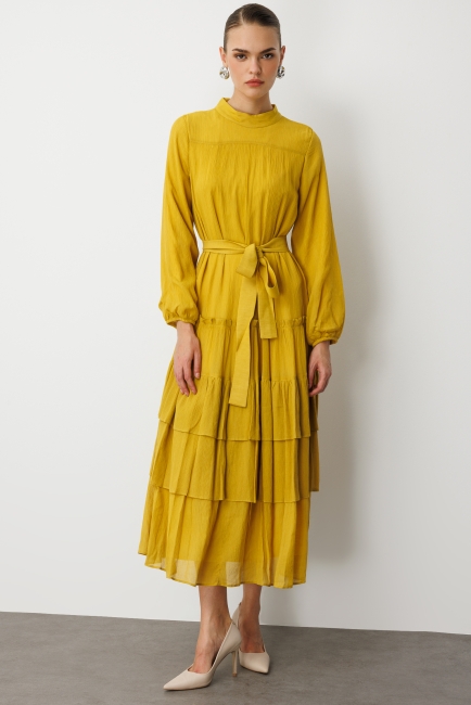 Mizalle Kat Pileli Maksi Koyu Sarı Elbise - Mizalle (1)