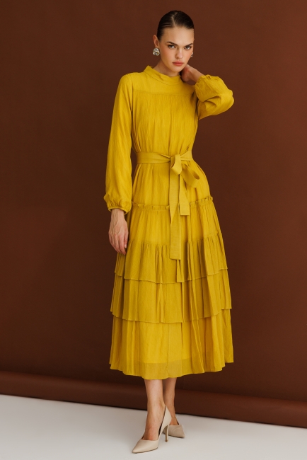 Mizalle Kat Pileli Maksi Koyu Sarı Elbise - Mizalle