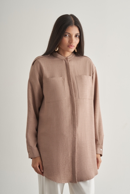 Mizalle Keten Dokulu Apoletli Bej Rengi Tunik - Mizalle (1)