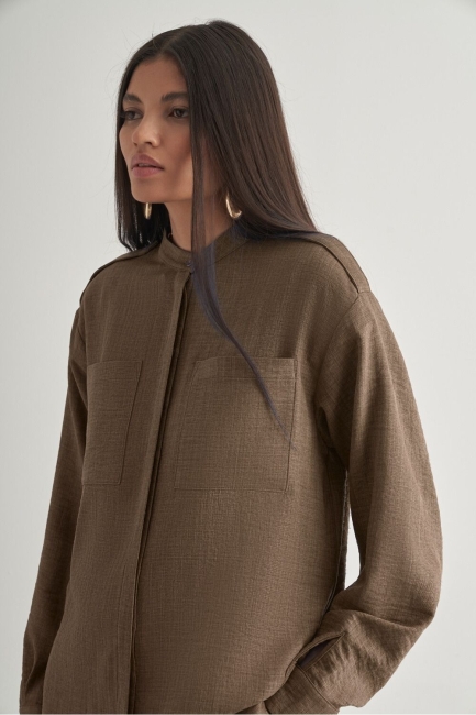 Mizalle Keten Dokulu Apoletli Kahverengi Tunik - Mizalle (1)