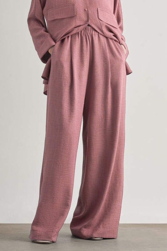 Mizalle  Keten Dokulu Beli Lastikli Pembe Bol Kesim Pantolon · 2