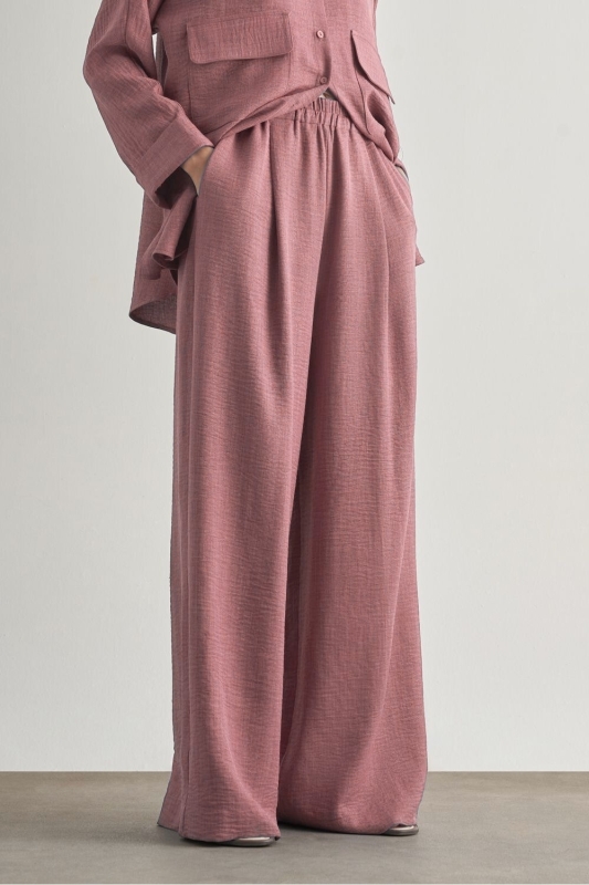 Mizalle  Keten Dokulu Beli Lastikli Pembe Bol Kesim Pantolon · 3