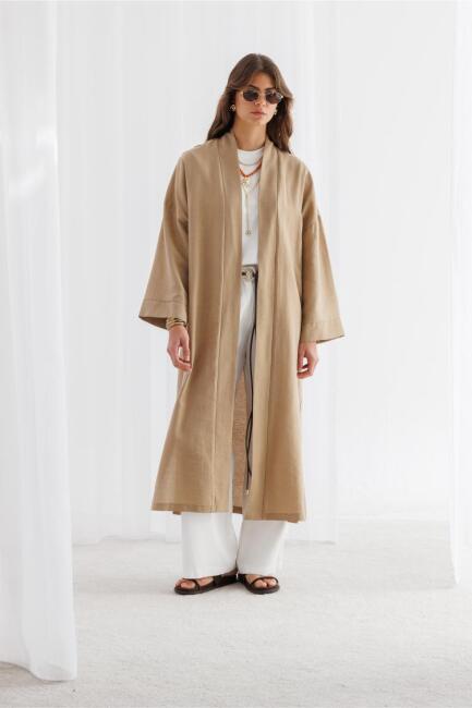 Mizalle Keten Dokulu Kuşak Detaylı Uzun Bej Kimono - Mizalle