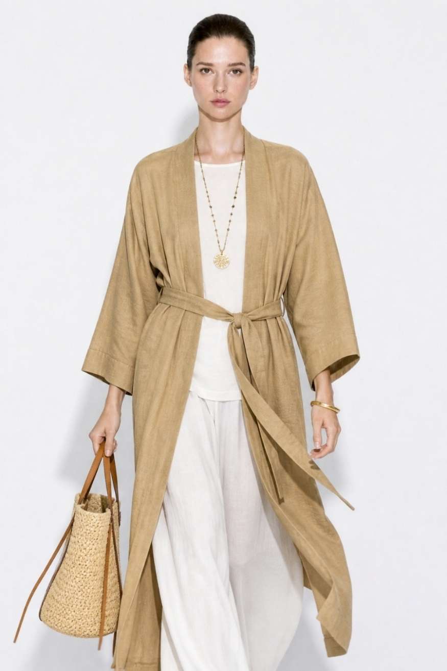 Mizalle Keten Dokulu Kuşak Detaylı Uzun Bej Kimono