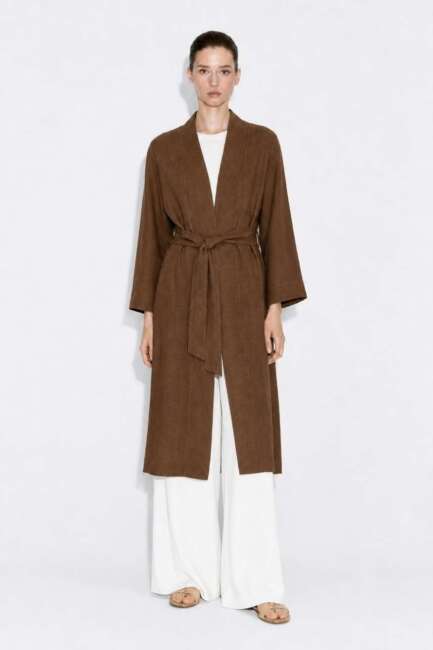 Mizalle Keten Dokulu Kuşak Detaylı Uzun Kahve Kimono - Mizalle (1)
