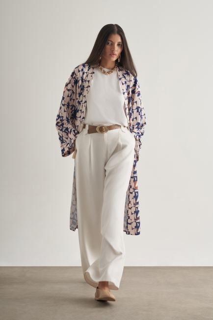 Mizalle Keten Dokulu Naturel Desenli Uzun Kimono Üst - Mizalle
