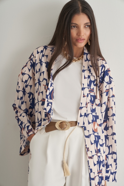 Mizalle Keten Dokulu Naturel Desenli Uzun Kimono Üst - Mizalle (1)