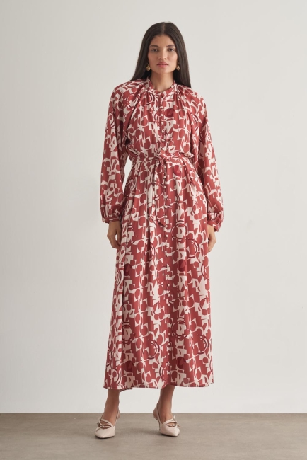 Mizalle Keten Dokulu Naturel Desenli Uzun Yazlık Elbise - Mizalle (1)