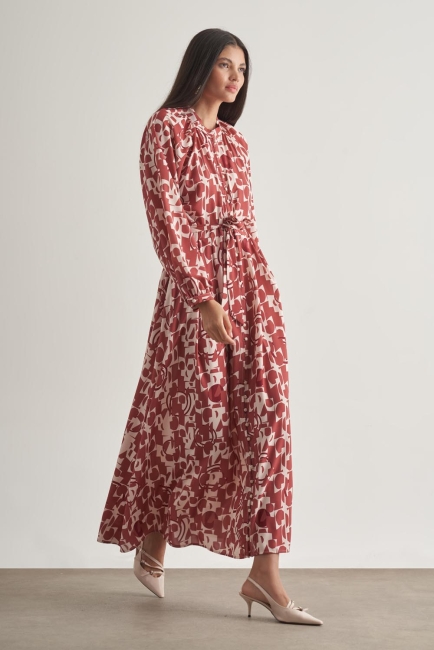 Mizalle Keten Dokulu Naturel Desenli Uzun Yazlık Elbise - Mizalle