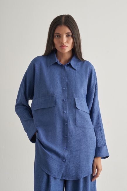 Mizalle Keten Dokulu Torba Cepli İndigo Mavi Tunik - Mizalle