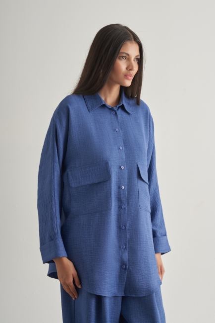 Mizalle Keten Dokulu Torba Cepli İndigo Mavi Tunik - Mizalle (1)