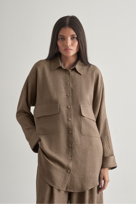 Mizalle Keten Dokulu Torba Cepli Kahverengi Tunik - Mizalle