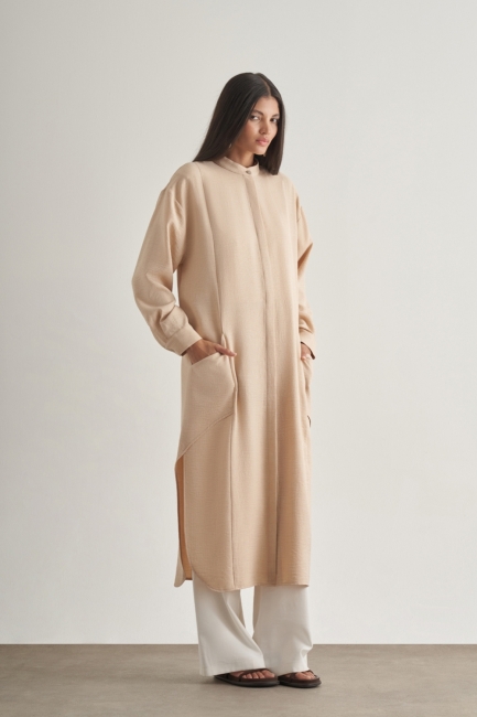 Mizalle Keten Dokulu Verev Cepli Bej Rengi Uzun Tunik - Mizalle (1)