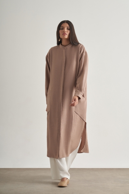Mizalle Keten Dokulu Verev Cepli Kahverengi Uzun Tunik - Mizalle (1)