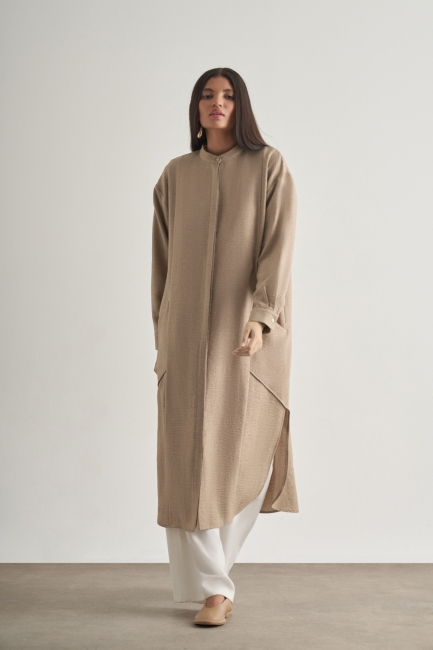 Mizalle Keten Dokulu Verev Cepli Taş Rengi Uzun Tunik - Mizalle (1)