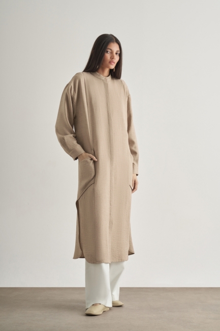 Mizalle Keten Dokulu Verev Cepli Taş Rengi Uzun Tunik - Mizalle