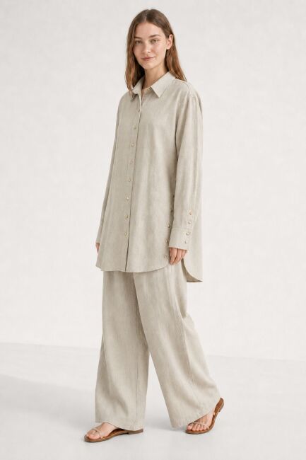 Mizalle Keten Dokulu Yan Düğme Detaylı Oversize Taş Tunik - Mizalle
