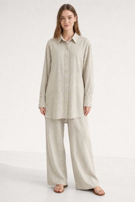 Mizalle Keten Dokulu Yan Düğme Detaylı Oversize Taş Tunik - Mizalle (1)