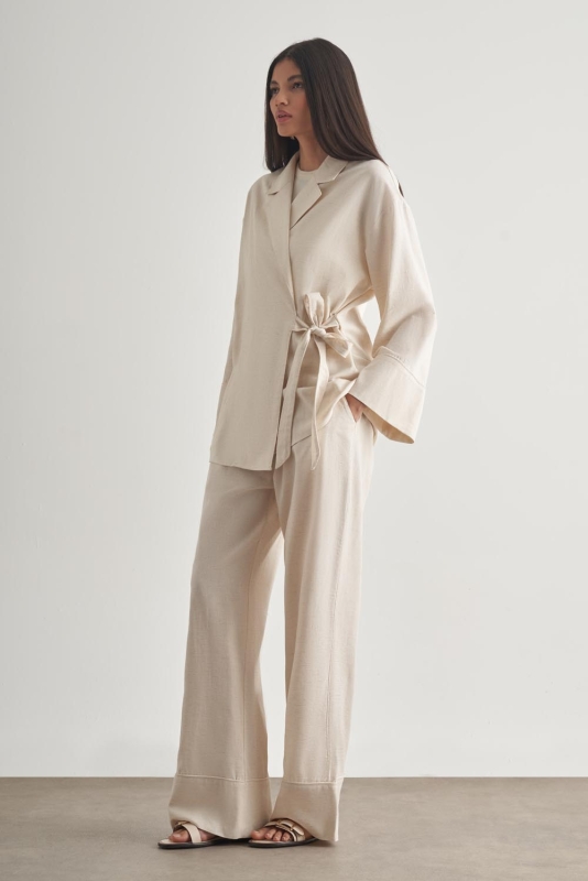 Mizalle Keten Karışımlı Anvelop Bağlı Bej Rengi Kimono Ceket · 2