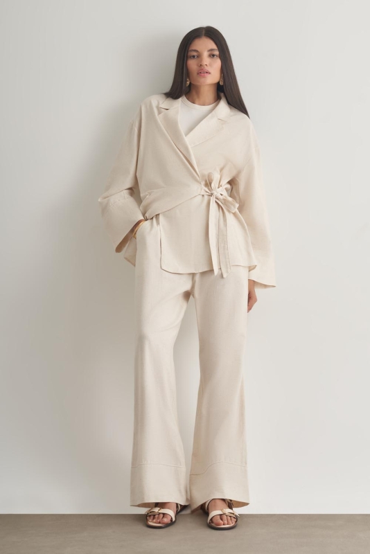 Mizalle Keten Karışımlı Anvelop Bağlı Bej Rengi Kimono Ceket · 4