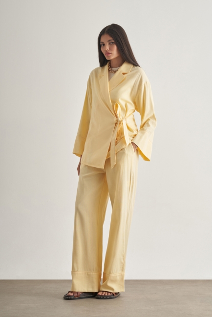 Mizalle Keten Karışımlı Anvelop Bağlı Sarı Kimono Ceket - Mizalle (1)