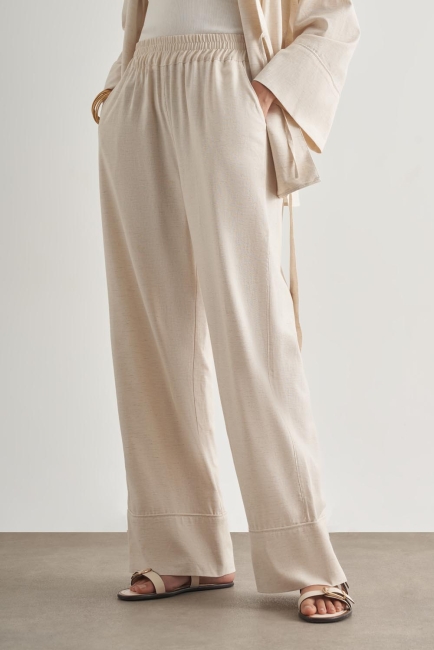 Mizalle Keten Karışımlı Beli Lastikli Geniş Kesim Bej Rengi Pantolon - Mizalle (1)