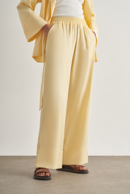 Mizalle Keten Karışımlı Beli Lastikli Geniş Kesim Sarı Pantolon - Mizalle (1)