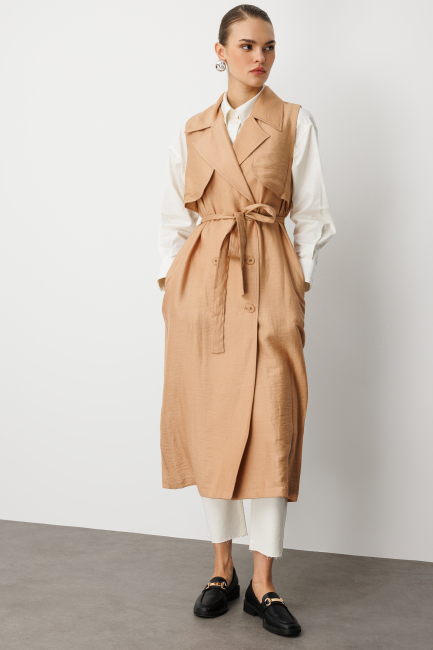 Mizalle Keten Karışımlı Camel Uzun Trençkot Yelek - Mizalle (1)