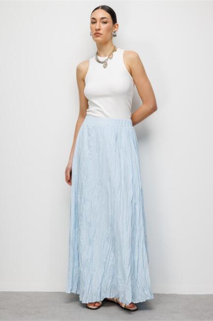Mizalle Kırışık Görünümlü Saf Pamuk Açık Mavi Maksi Etek - Mizalle (1)