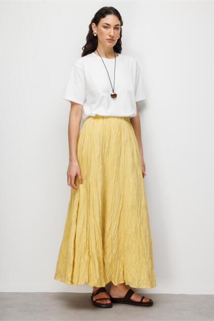 Mizalle Kırışık Görünümlü Saf Pamuk Sarı Maksi Etek - Mizalle (1)