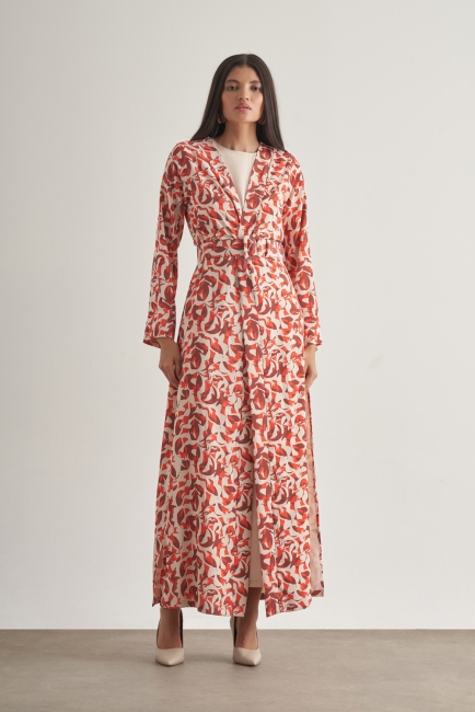 Mizalle Kırmızı Botanik Desenli Kimono Takım - Mizalle