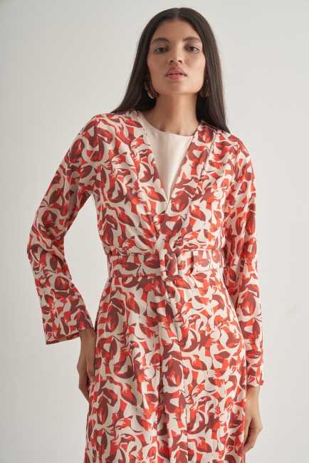 Mizalle Kırmızı Botanik Desenli Kimono Takım - Mizalle (1)