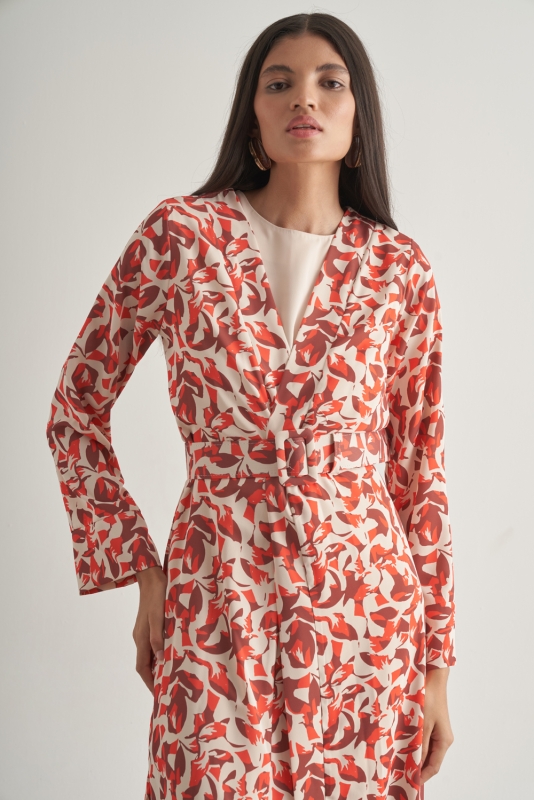 Mizalle Kırmızı Botanik Desenli Kimono Takım · 2