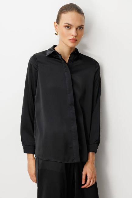 Mizalle Klasik Siyah Saten Gömlek Bluz - Mizalle (1)