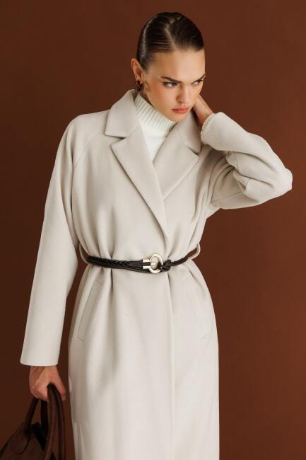 Mizalle Klasik Uzun Yünlü Ekru Kaşe Kaban - Mizalle