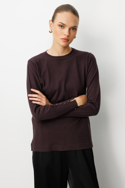 Mizalle Kol Düğmeli Kahverengi Yuvarlak Yaka İnce Triko Kazak - Mizalle (1)