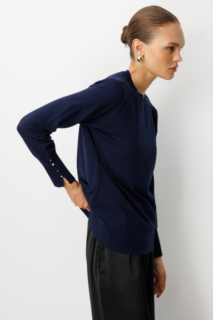 Mizalle Kol Düğmeli Lacivert Yuvarlak Yaka İnce Triko Kazak - Mizalle (1)