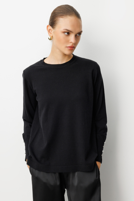 Mizalle Kol Düğmeli Siyah Yuvarlak Yaka İnce Triko Kazak - Mizalle