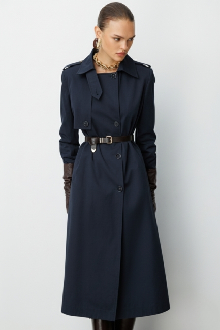 Mizalle Lacivert Apoletli Klasik Maxi Mac Trençkot - Mizalle (1)