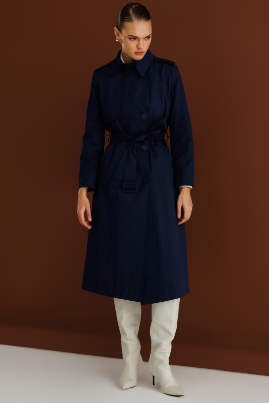 Mizalle Lacivert Apoletli Klasik Maxi Mac Trençkot · 3