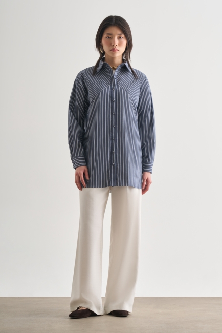 Mizalle Lacivert Beyaz Verev Çizgili Oversize Gömlek - Mizalle (1)