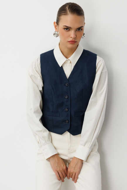 Mizalle Lacivert Saf Keten Yelek - Mizalle (1)