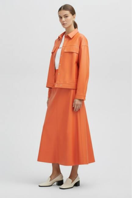 Mizalle Maksi Evaze Turuncu Suni Deri Etek - Mizalle (1)