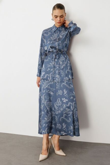 Mizalle Mavi Desenli Kuşaklı Saten Uzun Gömlek Tunik - Mizalle (1)