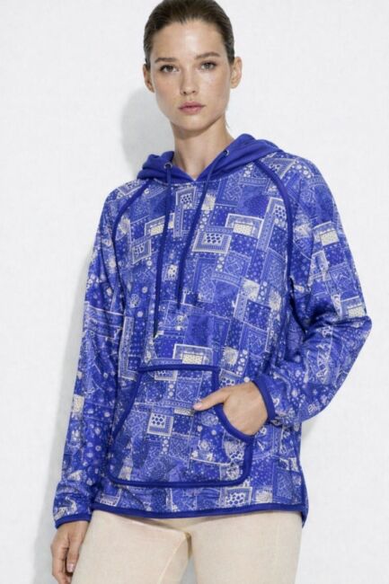 Mizalle Mavi Etnik Desenli Kanguru Cepli Sweatshirt - Mizalle (1)