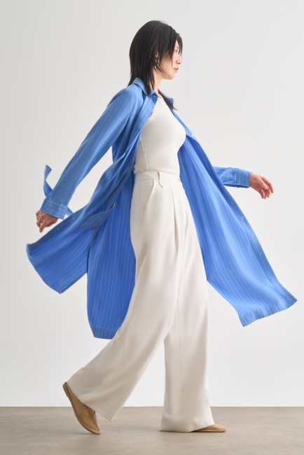 Mizalle Mavi İnce Çizgili Kuşaklı Midi Gömlek Elbise - Mizalle (1)