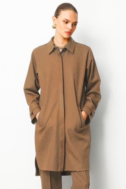 Mizalle Melanj Dokuma Karamel Rengi Uzun Tunik - Mizalle