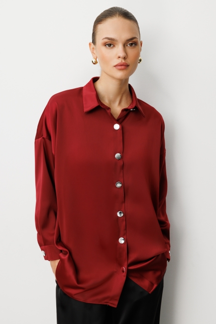 Mizalle Metal Düğmeli Bordo Saten Tunik Gömlek - Mizalle